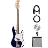 Fender Squier Sonic Precision Bass Guitar - Midnight Blue Bundle with Rumble 15 Bass Amplifier, Instrument Cable, Tuner, Strap, and Austin Bazaar Instructional DVD