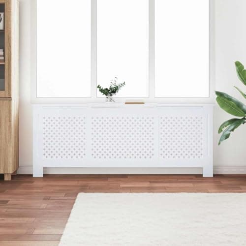 Adjustable Radiator Cover Cabinet White, Modern MDF Heating Guard with Cross-Slatted Design, Expandable Length 55.9 to 80.7 Inches for Home Living Room Decor