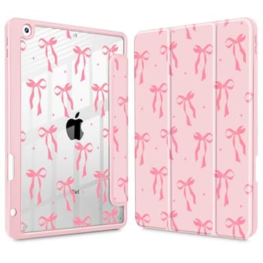 ICEKEE Case for iPad 9th/8th/7th Generation 10.2-Inch (2021/2020/2019 Release), with [Built-in Pencil Holder] Shockproof Cover with Clear Transparent Back Shell & Auto Wake/Sleep - Pink Ribbon Bow