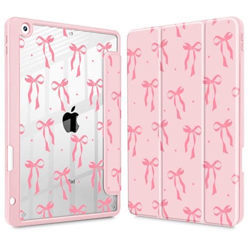 ICEKEE Case for iPad 9th/8th/7th Generation 10.2-Inch (2021/2020/2019 Release), with [Built-in Pencil Holder] Shockproof Cover with Clear Transparent Back Shell & Auto Wake/Sleep - Pink Ribbon Bow