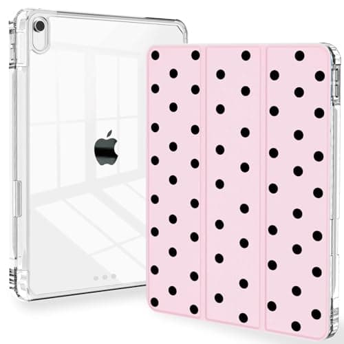 Feams Case for iPad (A16) 11th Generation 11 Inch 2025, iPad 10th Generation 10.9 Inch 2022, Slim Tri-Fold Stand Clear Back Cover with Pencil Holder & Auto Sleep, Pink Black Polka Dot