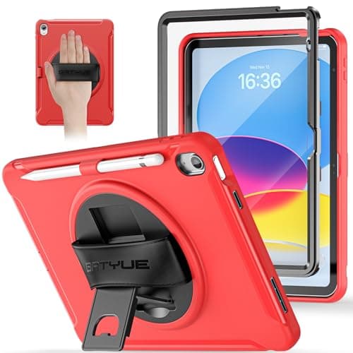 BATYUE for iPad 10th/11th Gen (A16) Case, Heavy Duty, Leather Hand Strap, Multi-Angle Stand, Built-in Screen Protector, Pencil Holder, Easy Clean, Ideal for Personal & Business Use, Red