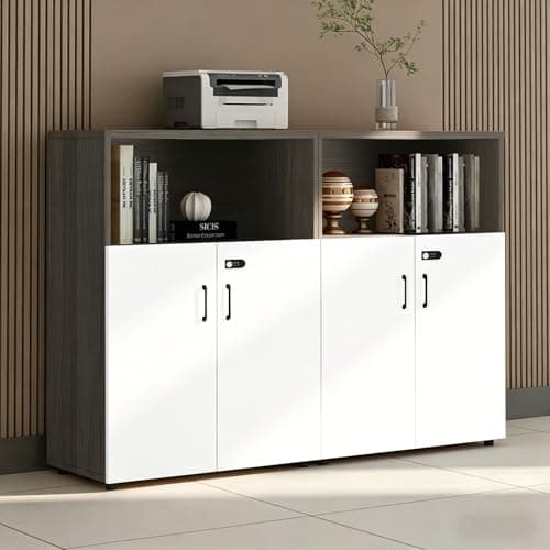 HSHBDDM File Cabinet with Password Lock, Wood Lateral Filing Cabinet for Letter/A4 Files, 3 Drawer with Door, Printer Stand with Open Shelves for Home Office