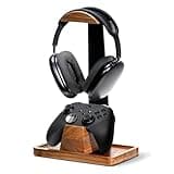 UPERGO Headset Stand with Gaming Controller Holder, Walnut Wood Headphone Stand with Storage Base, Gaming Equipment Accessories for Desk