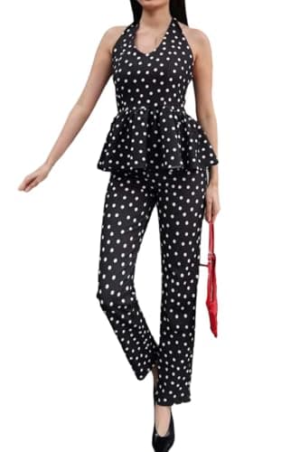 Sanfaieal Vintage Polka Dot Set for Women Halter V Neck Peplum Top and High Waist Slim Long Pants Elegant Outfits for Women
