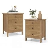 Giantex Nightstand with 3 Drawers Set 2, Wooden Bedside Table, Natural