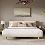FammyLoft Cal-King Size Bed Frame, Upholstered Platform Bed Frame with Chunky Headboard, Solid Rubberwood Legs and 6 Inch Under-Bed Clearance, 800 lb Support, Beige