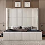 Smpath King Size Bed Frame with 65.75" Tall Headboard, Modern Velvet Upholstered Platform Bed with Storage Pockets & Wide Wingback, Noise-Free, No Box Spring Needed, Easy Assembly, Beige