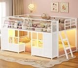 BTHFST Low Bunk Bed Twin Over Twin with 8 Fabric Drawers & Bookshelf, Twin Bunk Beds with RGB LED Lights, Windows, Metal Bunk Beds for Kids with Slanted Ladder & Safety Guardrails, Space Saving, White