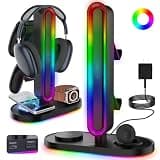 RGB Headset Stand with Wireless Charger, 8-in-1 Charging Station for iPhone, Samsung, Apple Watch Type-C/USB Ports, Gaming Headphone & Controllers Holder, Organizer for Desk Includes 20W PD Adapter