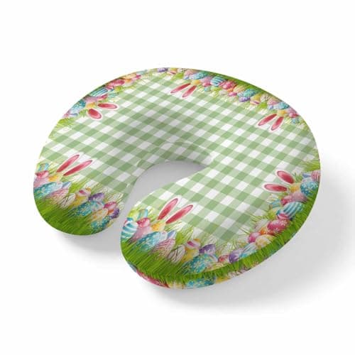 Yaiikkvbaa Easter Neck Pillow Memory Foam U Shaped Travel Pillow, Rabbit Ears Colorful Eggs Green White Buffalo Plaid Neck Support Pillows Decorative Headrest Cushion for Airplane Sleeping Car Office