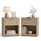 Walsham Night Stands Set of 2 Farmhouse Bedside Tables with Drawer and Open Shelf Wood Grain Nightstands Modern End Side Tables for Bedroom Sofa (Light Weathered Oak, 2 Set)