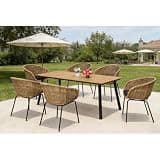 Hassyee 7 Pieces Patio Dining Set with Spacious Dining Table and Umbrella Hole for Poolside, Backyard, Outdoor Furniture Set with Iron and Rattan Frame for Lawn, Garden