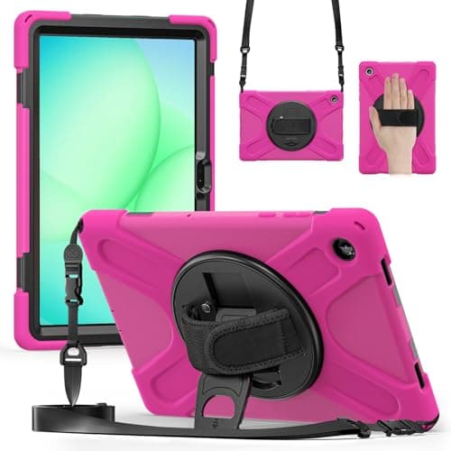 KAHITE Case for Galaxy Tab A11+ Plus 2025, with Screen Protector+360 Rotating Hand Strap&Stand+Shoulder Strap (ROSEO, Galaxy Tab A11+)