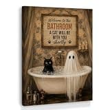 XINCEYWJ Vintage Ghost Black Cat Bathroom Wall Art Decor, Halloween Ghost Bathroom Framed Canvas Art Prints, Gothic Dark Academia Pictures Wall Decor for Bathroom Living Room Home, 11x14 Inches