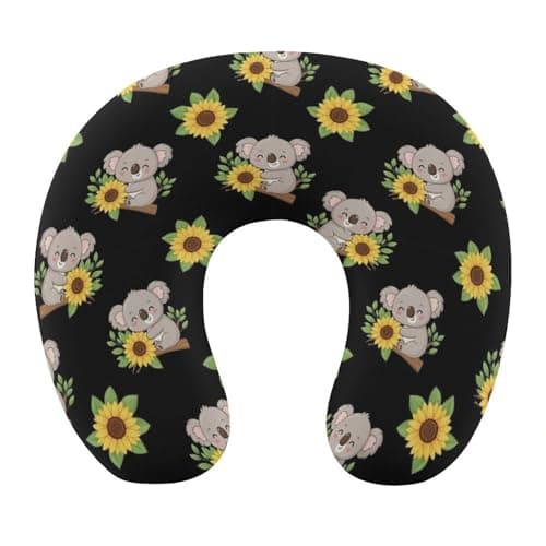 JZDACH Memory Foam Travel Pillow Chin Head Support Cushion Cute Koala Black Yellow Sunflower, Washable Removable Cover for Airplane Car Outdoor Sleep