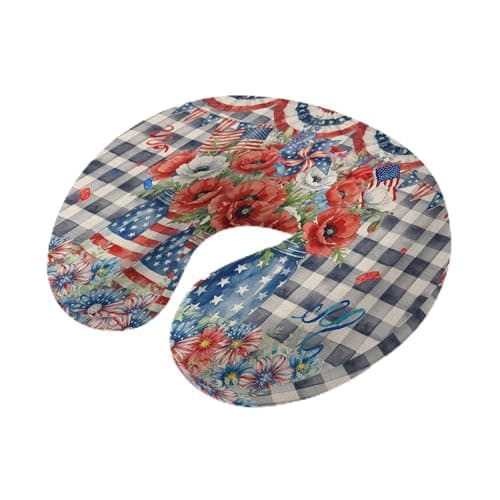 4th of July Travel Pillows U Shape Memory Foam Patriotic Poppy Vase Plane Neck Pillows Head Support Comfort American Flag Daisy Ribbon Plaid Headrest Neck Pillow for Airplane Car Home Chair Sleeping