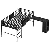 LIKIMIO Low Loft Bed Twin Size, 25 Heavy Duty Steels Support Slats with Desk & Charging Station, Twin Loft Bed with Safety Guardrails and Ladder, Black