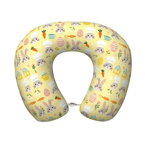 VAFZASC Travel Pillow for Boys and Girls, Comfortable Neck Chin Head Support Cushion Easter Colorful Eggs Rabbit Chef Pattern Yellow, Comfortable for Airplanes Car Sleeping Rest