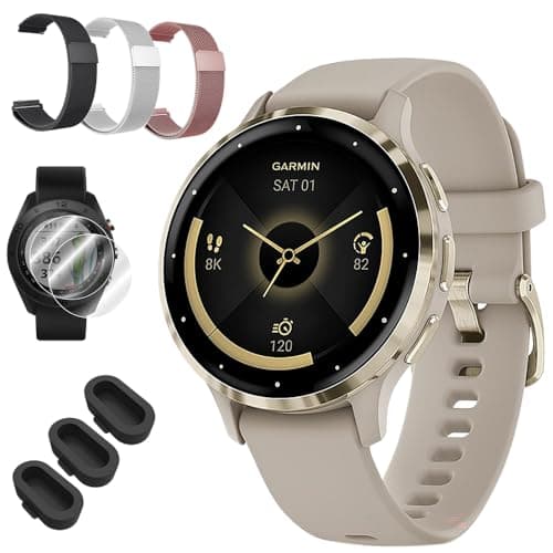 Garmin Venu 3S Health Fitness GPS Smartwatch Gold Steel Bezel w/French Gray Case (41mm) 010-02785-02 Bundle with Deco Essentials 3X 18mm Metal Bands, 3X Silicone Dust Cover and 2X Screen Protector