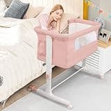 BABY JOY Bassinet Bedside Sleeper, 3 in 1 Folding Crib w/Adjustable Height, Mattress, Lockable Wheels, Storage Pocket & Carry Bag for Infant Newborn, Stationary & Rock, Portable Baby Bassinet (Pink)