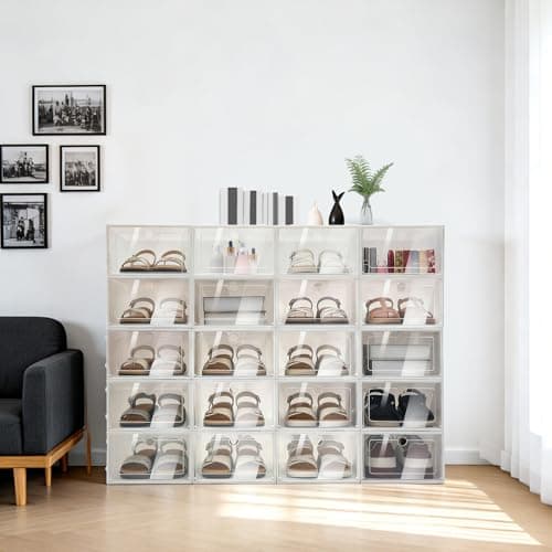 Deturprostore 20 Pcs Foldable Stackable Shoe Storage Boxes, Clear Plastic Shoe Organizer, Easy Access, Space-Saving Design, for Closet, Bedroom, Entryway and Home Organization