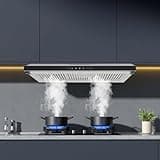 35 Inch Slim Under Cabinet Range Hood, 110V Gesture & Touch Control Kitchen Vent Hood with 3-Speed 1200CFM Dual Copper Motor & Clear Glass Baffle