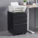 3-Drawer Mobile File Cabinet, Black, Steel, with Lock, Rolling Pedestal, 15.35" x 17.71" x 23.62