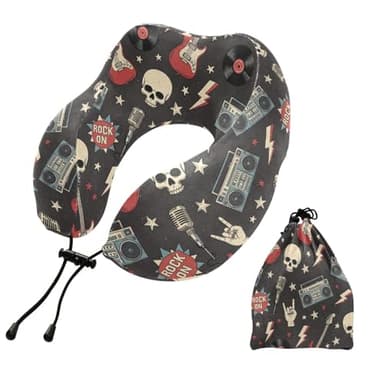 Rock Skull Guitar Black Print Travel Neck Pillow for Sleeping Airplane Memory Foam Neck Support Pillow with Storage Bag Sleeper Hold Pillow for Adults Kids Long Flight Car Train Bus Home Office