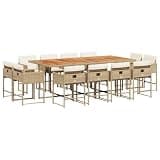 KHGPOTYU 13 Piece Patio Dining Set with Beige Poly Rattan Chairs, Cushions, and Acacia Wood Table for Outdoor Garden