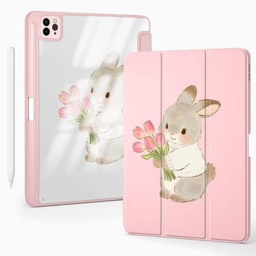 BlHMCASE Cute Kawaii Bunny for iPad mini 7 A17 Pro 2024/iPad Mini 6 Case with Pencil Holder, Auto Sleep/Wake, Pink Leather Clear Acrylic Back Cover