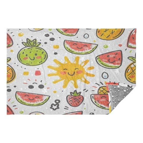 Jihqo Smiling Fruits Travel Blanket Glowing in The Dark, Soft 2 in 1 Airplane Blanket 65" x 55", Foldable as Pillow, Luggage Sleeve & Backpack Clip