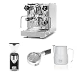 Diletta Bello Espresso Machine (Stainless Steel) Bundle with Giannino Espresso Grinder (Black), 58mm Bottomless Portafilter & 12oz Frothing Pitcher (Matte White)