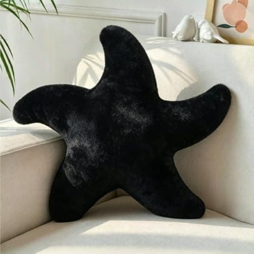 Starfish Pillow Cute Decorative Throw Pillows for Couch Sofa Bed,Soft Faux Fur Starfish Shaped Pillow Plush Star Cushion,Ocean Beach Theme Accent Pillows for Bedroom Living Room (Black, 15.7 inch)
