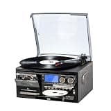 9-in-1 Vintage Bluetooth Record Player for Home Entertainment, 3-Speed Turntable with AM/FM Radio, CD & Cassette, USB/SD/MMC Input, Built-in Stereo Speakers, Remote Control, Aux in & RCA Line Out