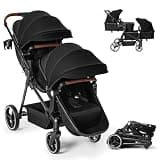 Double Stroller Newborn and Toddler, Foldable Tandem Twin Baby Travel Stroller, Storage Basket/Cup Holder, Adjustable Backrest, Reversible Seat, for 0-3 Kids