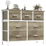 OLIXIS 7 Drawers Fabric Dresser for Bedroom, Storage Tower Organizer for Living Room & Entryway, Sturdy Steel Frame, Wooden Top & Easy-Pull Bins, Closet Chest for Clothes, Oak Greige