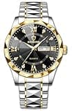 Gosasa Luxury Men's and Women's Business Diamond Stainless Steel Waterproof Roman Numeral Analog Quartz Watch with Day-Date Calendar, Gold and Silver Tone