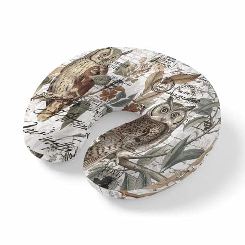 ZRNLTDGHK Neck Pillow Watercolor Owl Bird on Branch Travel Pillow Memory Foam U Shaped Pillows, Vintage Letter Postmark Texture Travel Neck Pillows for Airplane Car Office Home Sleeping Rest