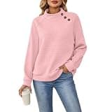 Ceboyel Womens Waffle Knit Sweatshirt Crewneck Button Detail Fall Shirts