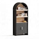 LEISULIF 71" Tall Arched Cabinet with Storage, Mid-Century Modern Wooden Bookshelf Bookcase, Kitchen Pantry Display Cabinet with Open Adjustable Shelves for Living Room Home Office, Black