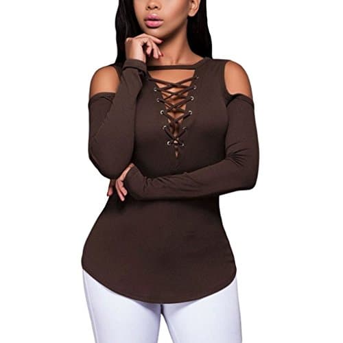 Women Deep V Neck Lace Up Cold Shoulder Long Sleeve Slim Tshrt Tops Brown