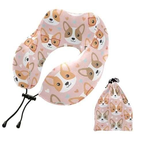 Emelivor Cute Dogs Glasses Pink Pattern Travel Pillow Memory Foam Neck Pillow with Storage Bag Comfortable Neck Support Pillows for Airplane Sleeping Plane Home Car Office Travel Accessories