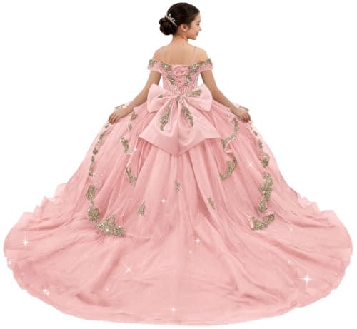 FHPKGE Layered Tulle Blush Pink Girls Party Dress with Train Off Shoulder Vestidos para Niñas Elegantes Gold Lace Glitter Ball Gown Dress for Girls Size 2