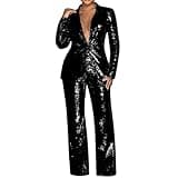 CAOQAO Women Sequin Pants Suit Party Night 2 Piece Outfits Blazer Sets Formal Prom High Waist Glitter Pants Suits(Black, XXL)
