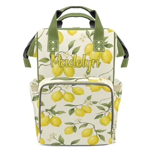 XOZOTY Personalized Name Diaper Backpack Watercolor Lemons Daypack Waterproof Nursing Baby Bag with Insulated Pockets for New Dad Mom