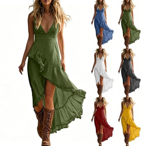 bmkBWO Summer Maxi Dresses for Women,Summer Dresses for Women 2026,Western Outfit for Women,Spaghetti Straps Asymmetrical Ruffle High Low Hem Long Dress A-Green