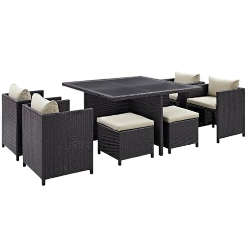 Oakestry Inverse 9 Piece Outdoor Patio Dining Set with Beige Cushions and Wicker Seating