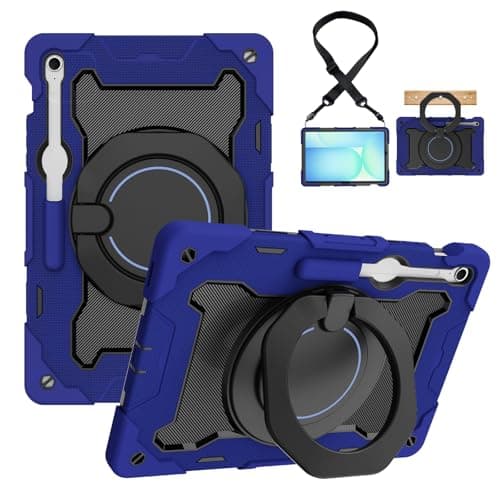 Compatible with Samsung Galaxy Tab S10 FE Plus/S10 FE+ 13.1-Inch Case with Pencil Holder,Shockproof Case,Heavy Duty Protective Cases W 360° Rotating Handle Stand+Shoulder Strap(Blue)