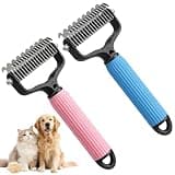 2 PcsPet Grooming Brush, Dematting Comb for Dogs and Cats, Double Sided Undercoat Rake – Undercoat Rake Pet Brush for Long Hair (Blue+Pink)